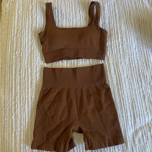 Two piece brown workout set with built in padded bra